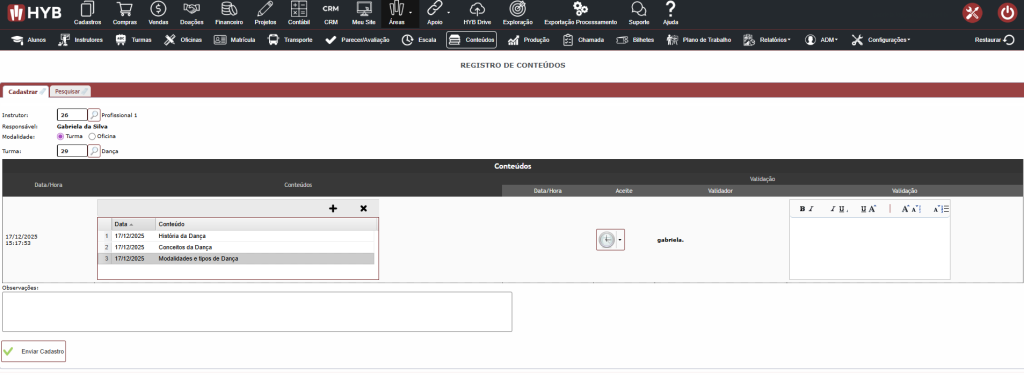 cadastrar conteúdos no HYB