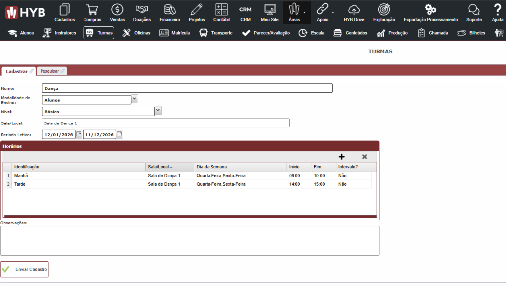 cadastrar alunos e turmas no HYB