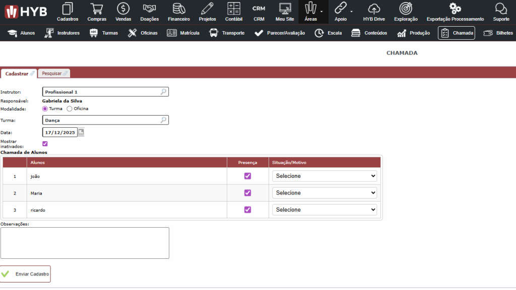 realizar e cadastrar chamada no HYB