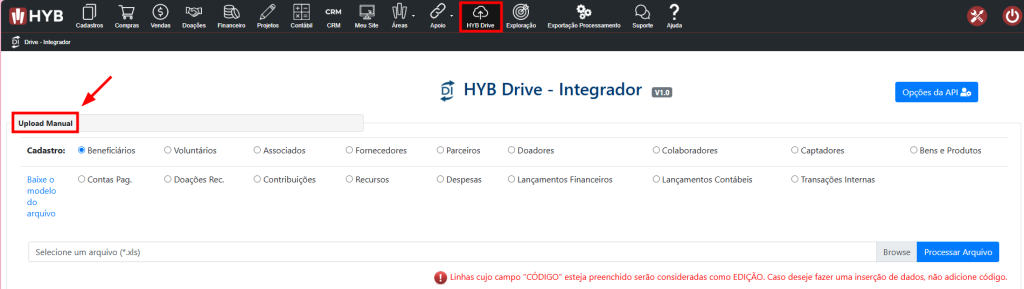 Módulo HYB Drive na página de integrador, com upload manual de arquivos